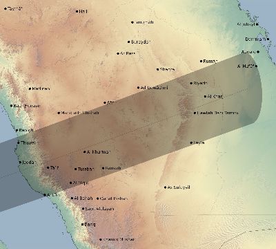 Map of the eclipse path across Saudi Arabia on 11/14/2422