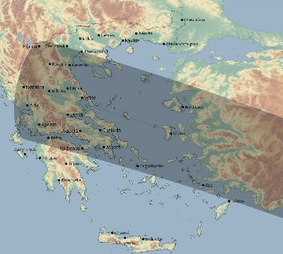 Map of the eclipse path across Greece on 10/24/2432