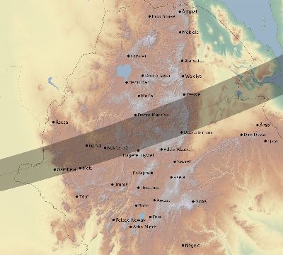 Map of the eclipse path across Ethiopia on 04/20/2433