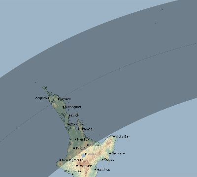 Map of the eclipse path across New Zealand on 02/28/2435