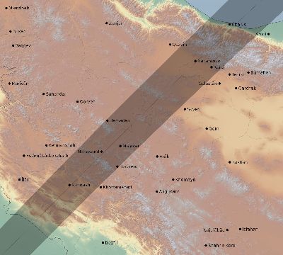 Map of the eclipse path across Iran on 02/05/2437