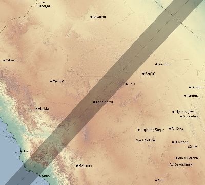 Map of the eclipse path across Saudi Arabia on 02/05/2437