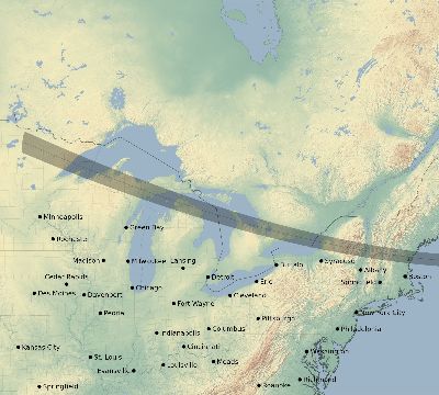 Map of the eclipse path across United States on 02/07/2464