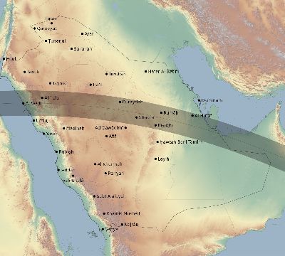 Map of the eclipse path across Saudi Arabia on 07/23/2465