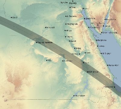 Map of the eclipse path across Egypt on 09/03/2472