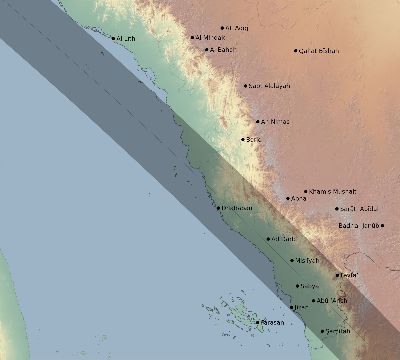 Map of the eclipse path across Saudi Arabia on 09/03/2472