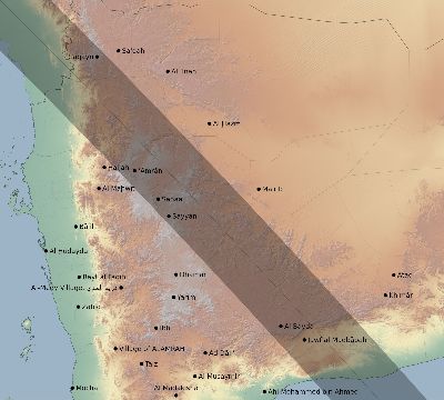 Map of the eclipse path across Yemen on 09/03/2472