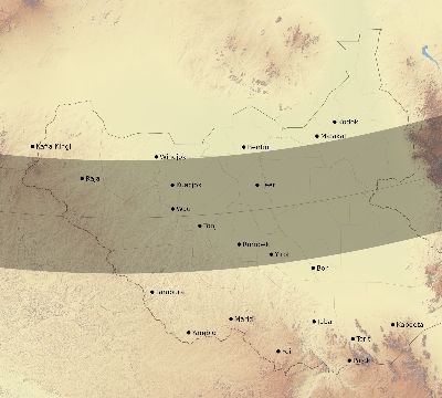 Map of the eclipse path across South Sudan on 12/16/2476