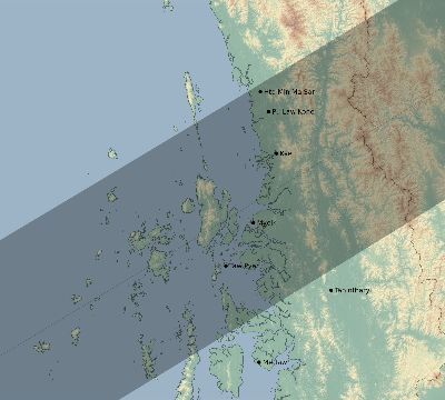 Map of the eclipse path across Myanmar on 04/22/2479