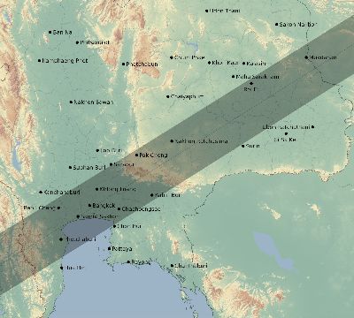 Map of the eclipse path across Thailand on 04/22/2479