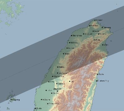 Map of the eclipse path across Taiwan on 04/22/2479