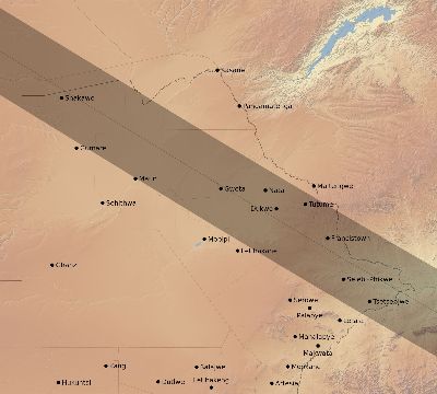 Map of the eclipse path across Botswana on 10/15/2479