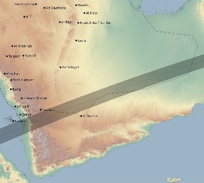Map of the eclipse path across Saudi Arabia on 02/07/2483