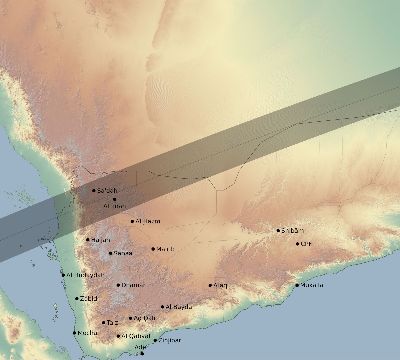 Map of the eclipse path across Yemen on 02/07/2483