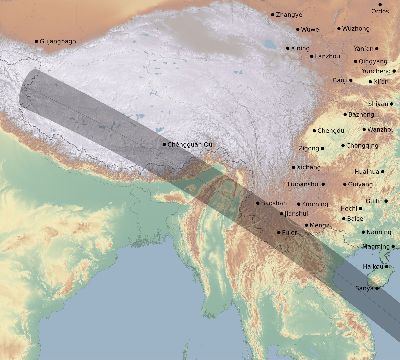Map of the eclipse path across China on 11/26/2486