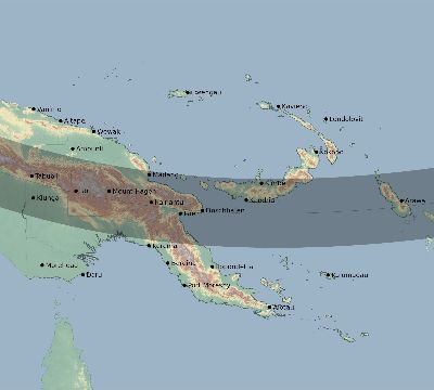 Map of the eclipse path across Papua New Guinea on 11/26/2486