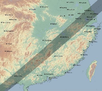 Map of the eclipse path across China on 05/23/2487