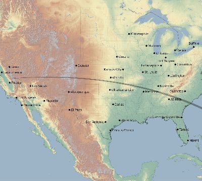Map of the eclipse path across United States on 09/14/2490