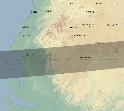 Map of the eclipse path across Equatorial Guinea on 03/10/2491