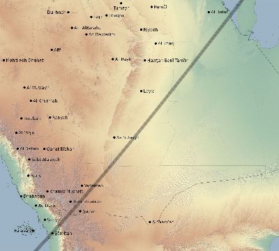 Map of the eclipse path across Saudi Arabia on 03/10/2491