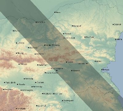 Map of the eclipse path across Bulgaria on 07/13/2493