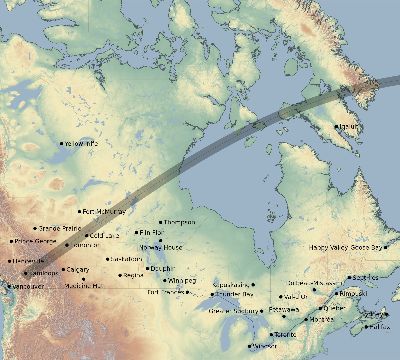 Map of the eclipse path across Canada on 07/13/2493