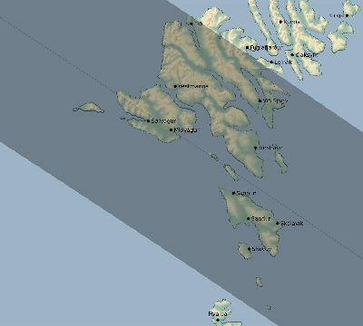 Map of the eclipse path across Faroe Islands on 07/13/2493