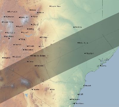 Map of the eclipse path across Kenya on 01/07/2494