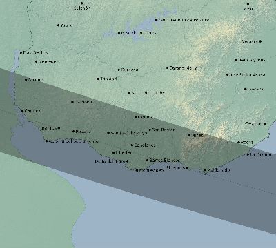Map of the eclipse path across Uruguay on 01/07/2494