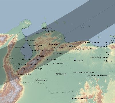 Map of the eclipse path across Venezuela on 12/28/2494
