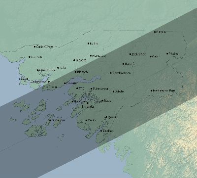 Map of the eclipse path across Guinea-Bissau on 05/02/2497