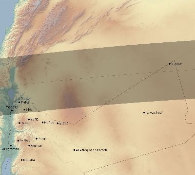 Map of the eclipse path across Jordan on 05/02/2497
