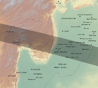 Map of the eclipse path across Pakistan on 05/02/2497