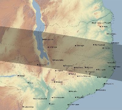 Map of the eclipse path across Mozambique on 04/21/2498
