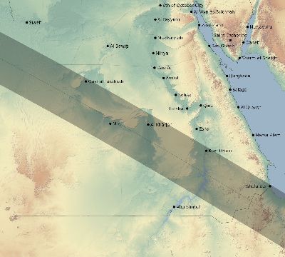 Map of the eclipse path across Egypt on 10/15/2498