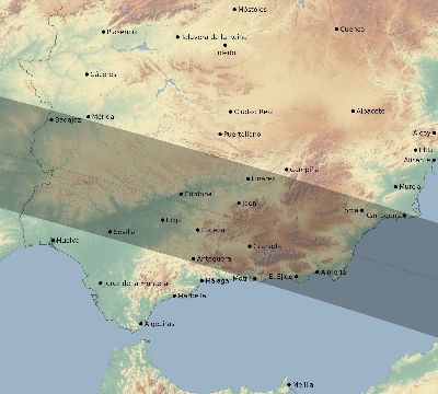 Map of the eclipse path across Spain on 10/15/2498