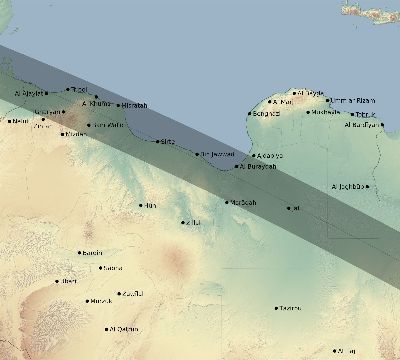 Map of the eclipse path across Libya on 10/15/2498