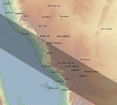 Map of the eclipse path across Saudi Arabia on 10/15/2498