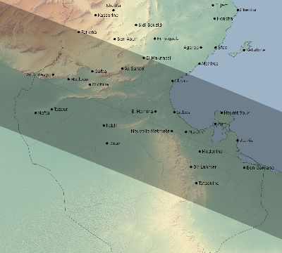 Map of the eclipse path across Tunisia on 10/15/2498