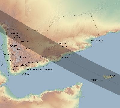 Map of the eclipse path across Yemen on 10/15/2498