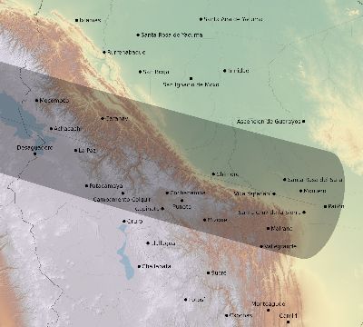 Map of the eclipse path across Bolivia on 08/15/2501