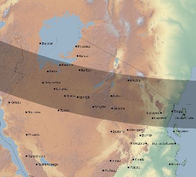 Map of the eclipse path across Tanzania on 12/07/2504