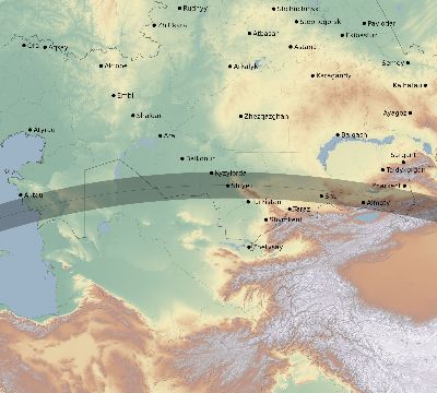 Map of the eclipse path across Kazakhstan on 06/03/2505
