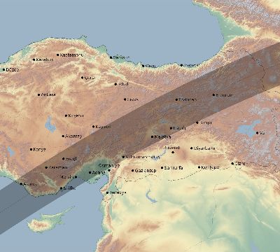 Map of the eclipse path across Turkey on 06/03/2505