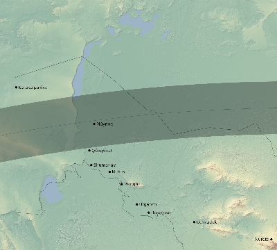 Map of the eclipse path across Uzbekistan on 06/03/2505
