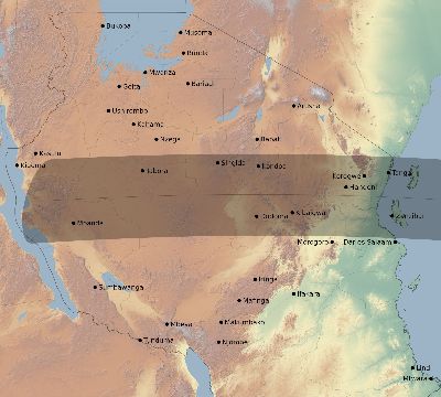 Map of the eclipse path across Tanzania on 09/15/2509