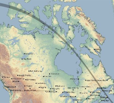 Map of the eclipse path across Canada on 07/26/2511