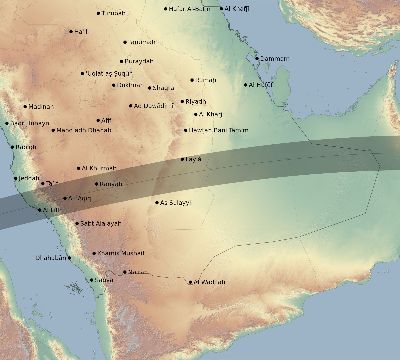 Map of the eclipse path across Saudi Arabia on 07/14/2512