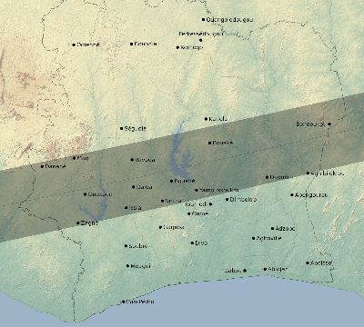 Map of the eclipse path across Côte d'Ivoire (Ivory Coast) on 10/27/2516