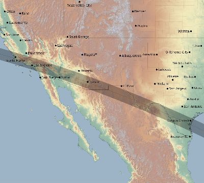 Map of the eclipse path across United States on 10/27/2516